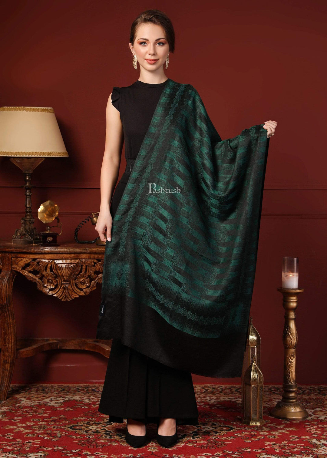 Pashtush India 70x200 Pashtush Women's Fine Wool Stole, Ikkat Design, Azure Green