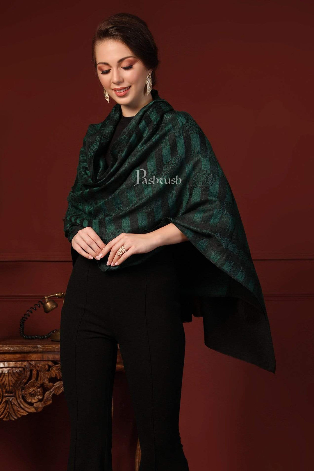 Pashtush India 70x200 Pashtush Women's Fine Wool Stole, Ikkat Design, Azure Green