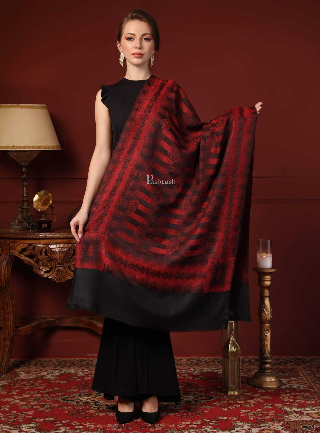 Pashtush Women'S Fine Wool Stole, Ikkat Design, Maroon And Black