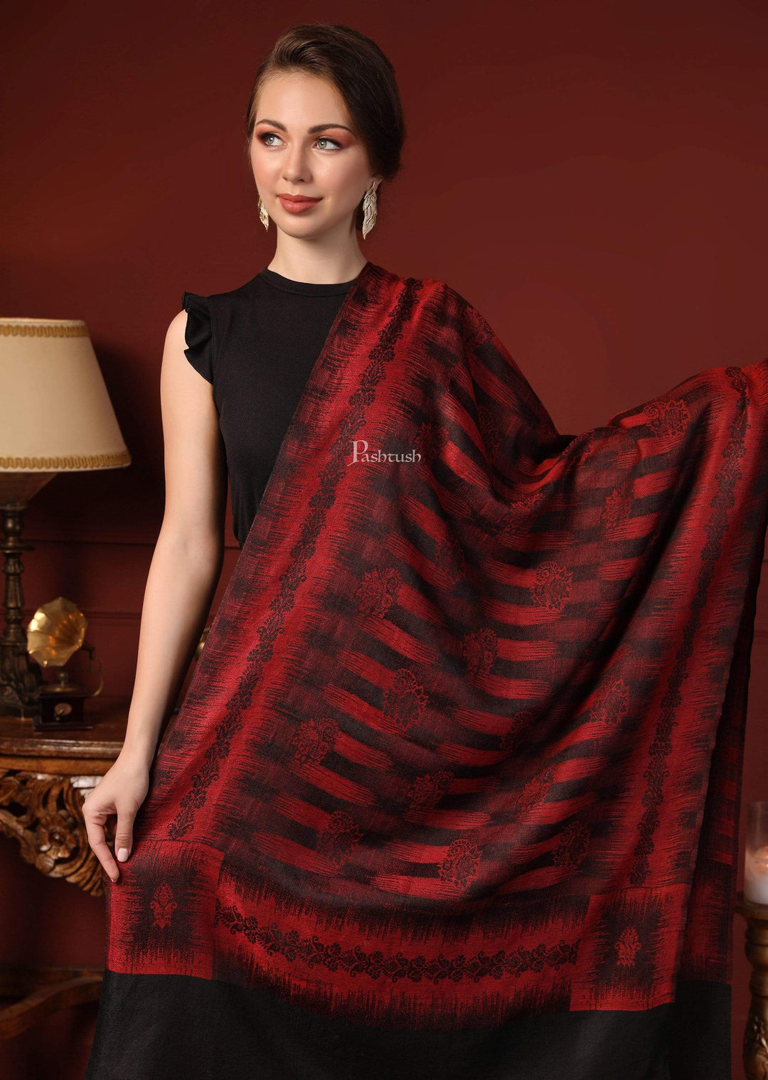 Pashtush India 70x200 Pashtush Women's Fine Wool Stole, Ikkat Design, Maroon and Black