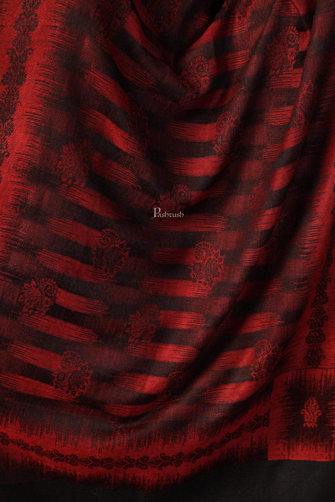 Pashtush India 70x200 Pashtush Women's Fine Wool Stole, Ikkat Design, Maroon and Black