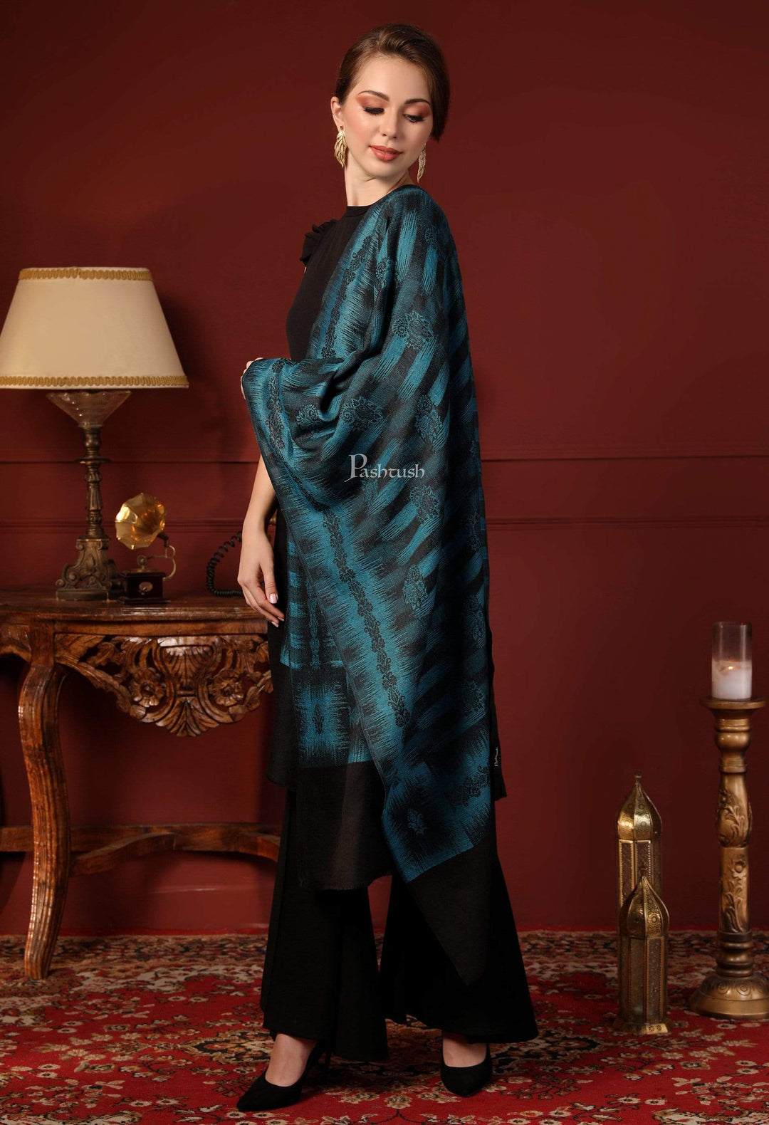 Pashtush India 70x200 Pashtush Women's Fine Wool Stole, Ikkat Design, Pacific Blue