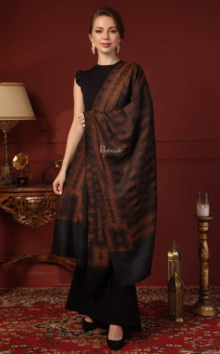 Pashtush India 70x200 Pashtush Women's Fine Wool Stole, Ikkat Design, Pacific Brown