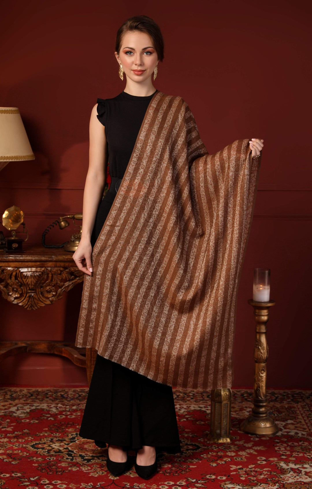Pashtush India 70x200 Pashtush Women's Fine Wool Striped Stole, Espresso