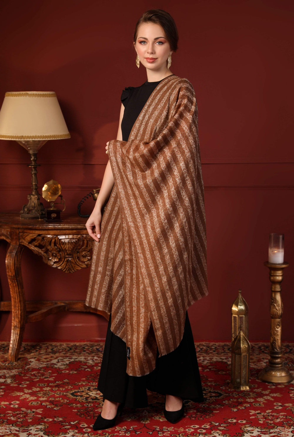 Pashtush India 70x200 Pashtush Women's Fine Wool Striped Stole, Espresso