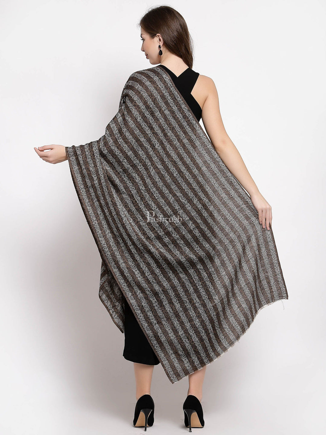 Pashtush India Womens Stoles and Scarves Scarf Pashtush Women'S Fine Wool Striped Stole, Self Weave, Black And Brown