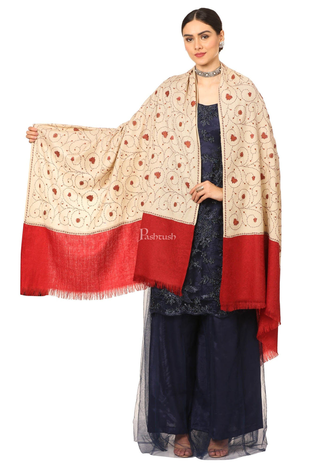 Pashtush India Womens Shawls Pashtush Women'S Gol Buti Jaal, Fineembroidery With Intricate Needlework Woolen Pashmina Shawls - Beige