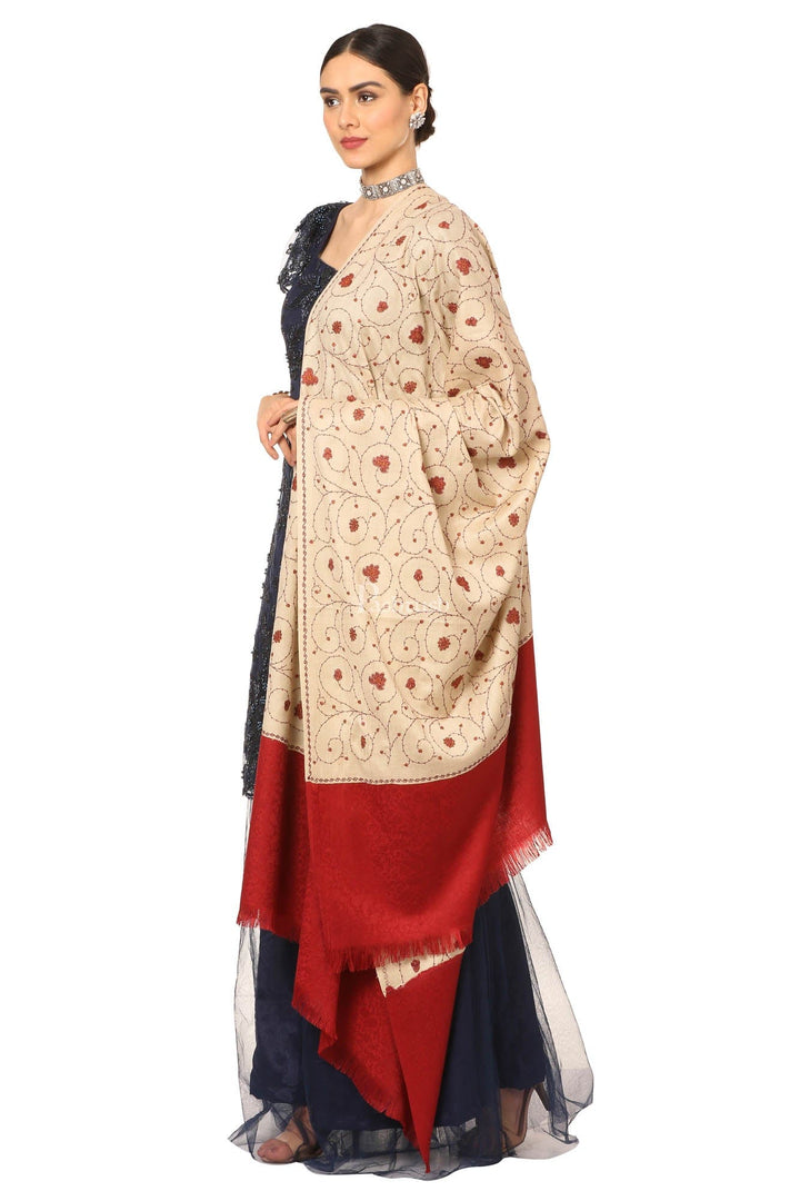 Pashtush India Womens Shawls Pashtush Women'S Gol Buti Jaal, Fineembroidery With Intricate Needlework Woolen Pashmina Shawls - Beige