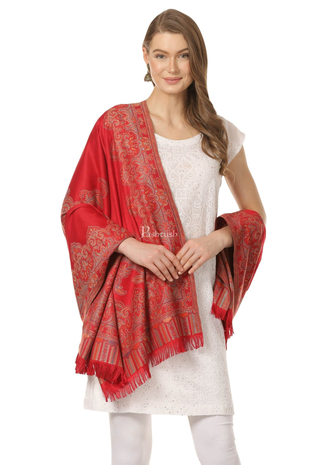 Pashtush India Womens Shawls Pashtush Women'S Jacquard Ambi Shawl, Warm And Soft, Faux Pashmina - Maroon