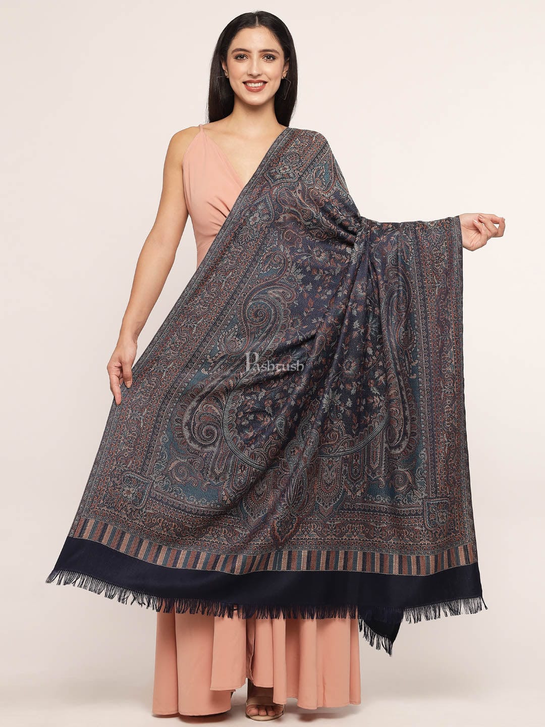 Pashtush India Womens Shawls Pashtush Women'S Jamawar Shawl, Navy Blue