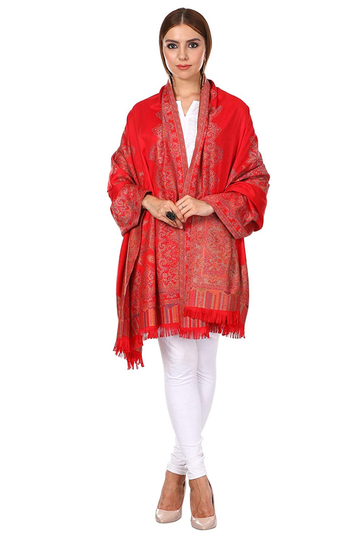 Pashtush India 100x200 Pashtush Women's Kashmiri Jacquard Ambi Shawl, Warm and soft, Faux Pashmina - Red