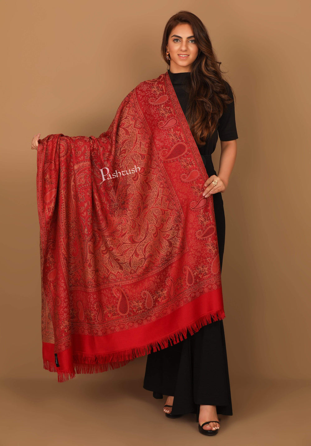 Pashtush India 100x200 Pashtush Women's Kashmiri Jamawar Shawl, Faux Pashmina, Red