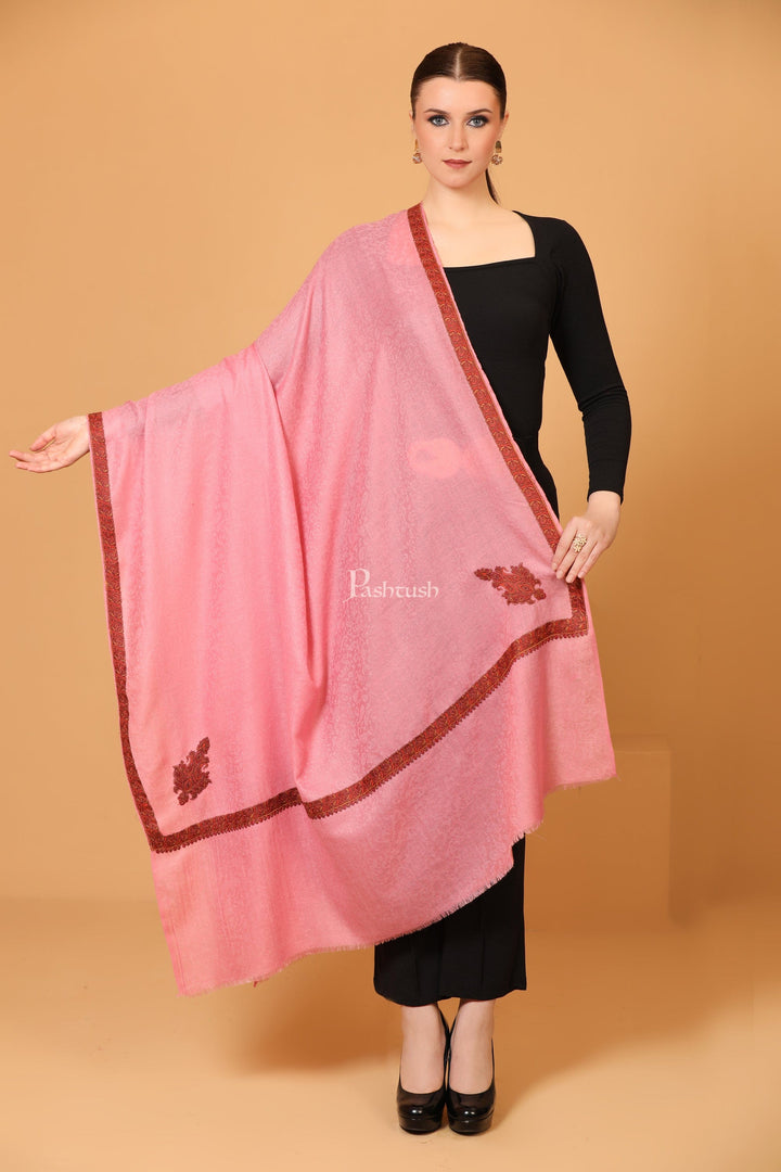 Pashtush India Womens Shawls Pashtush Women's Kingri Border Embroidery Shawl, Fine Wool, Pink