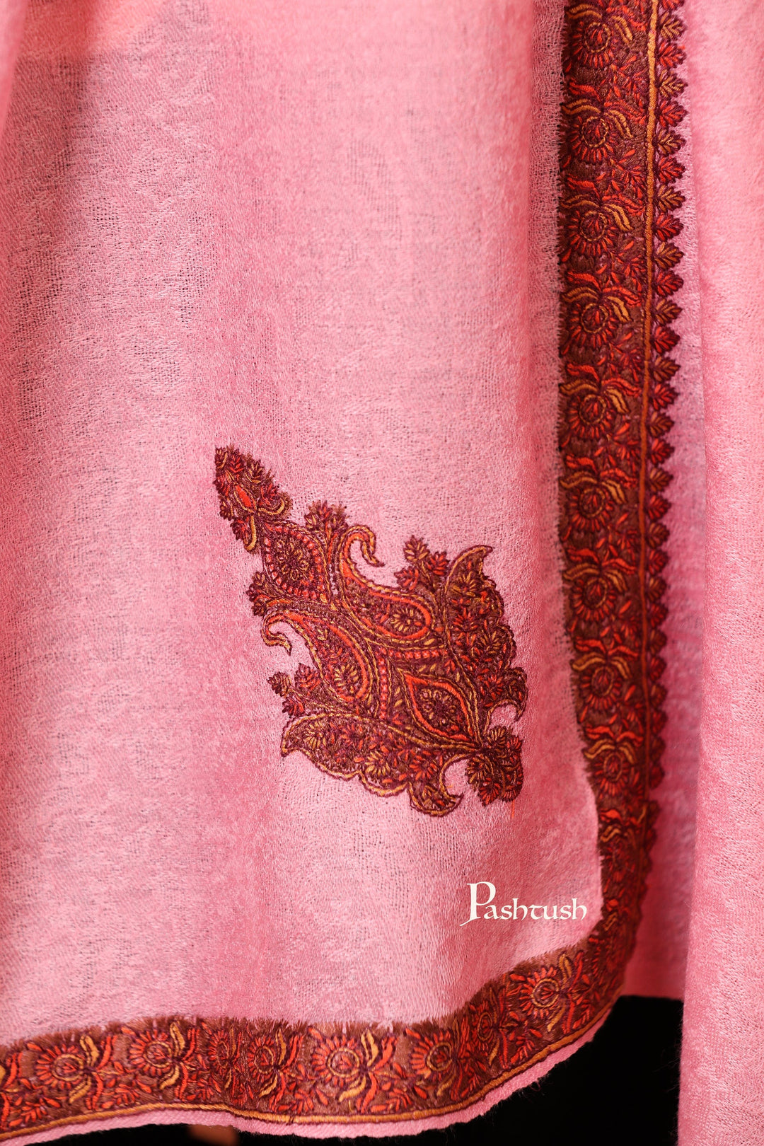 Pashtush India Womens Shawls Pashtush Women's Kingri Border Embroidery Shawl, Fine Wool, Pink