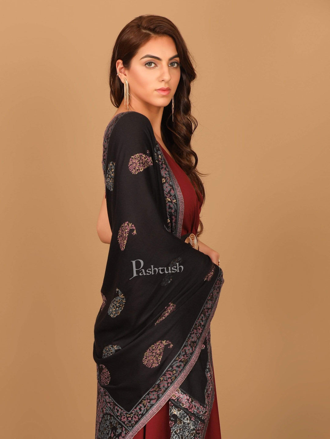 Pashtush India 70x200 Pashtush Women's Paisley Design, Soft Bamboo Scarf, Golden Zari Thread Weave