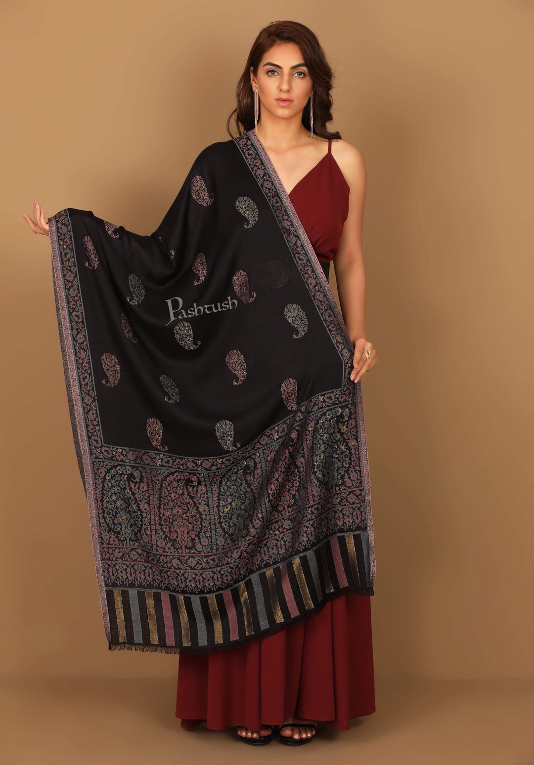 Pashtush India 70x200 Pashtush Women's Paisley Design, Soft Bamboo Scarf, Golden Zari Thread Weave