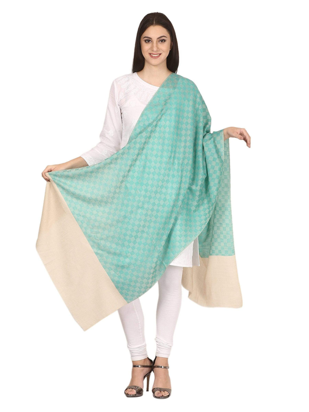 Pashtush Women’s Extra Fine Soft Wool Checkered Stole Sea Green