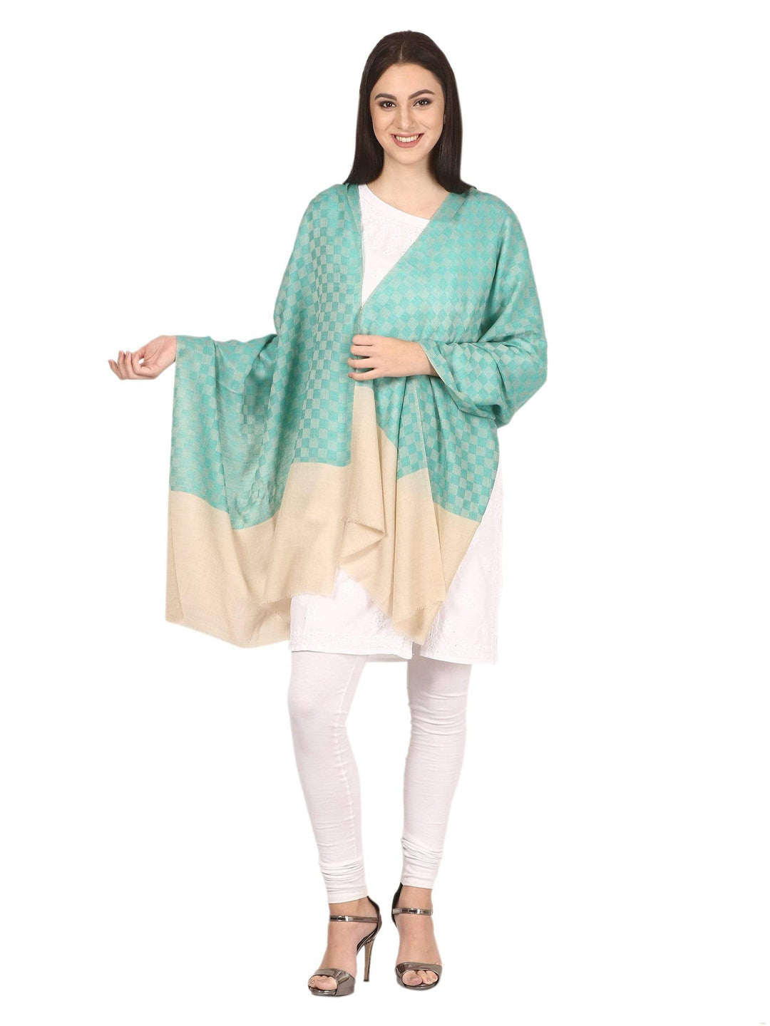 Pashtush Women’s Extra Fine Soft Wool Checkered Stole Sea Green