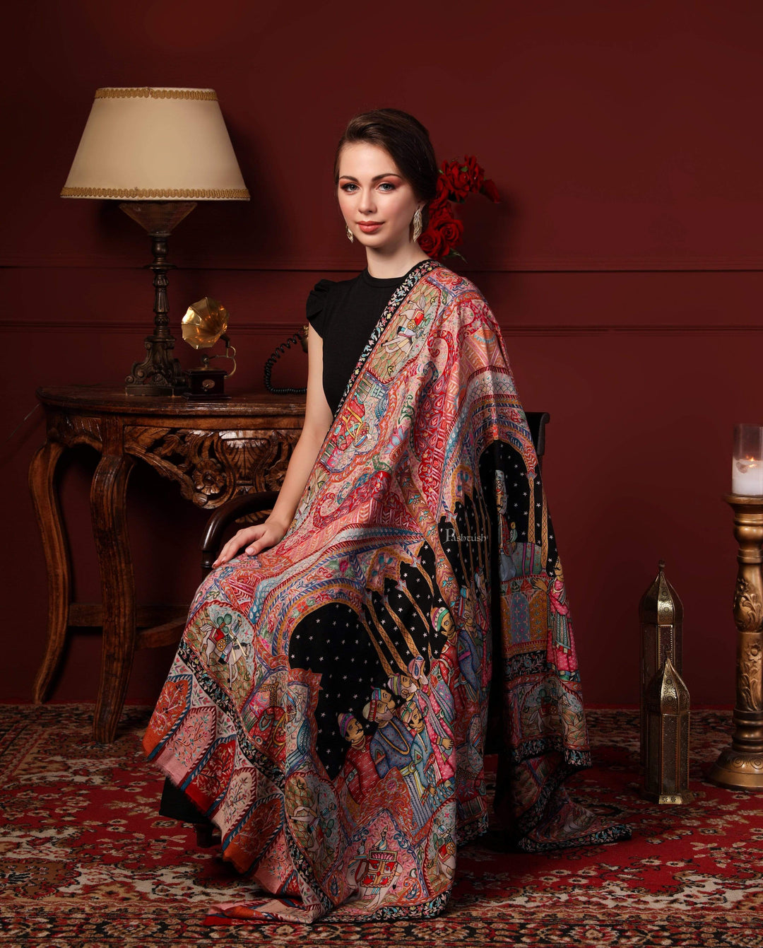 Pashtush India 100x200 Pashtush Women's Pure Pashmina Hand Embroidered Royal Darbar Shawl