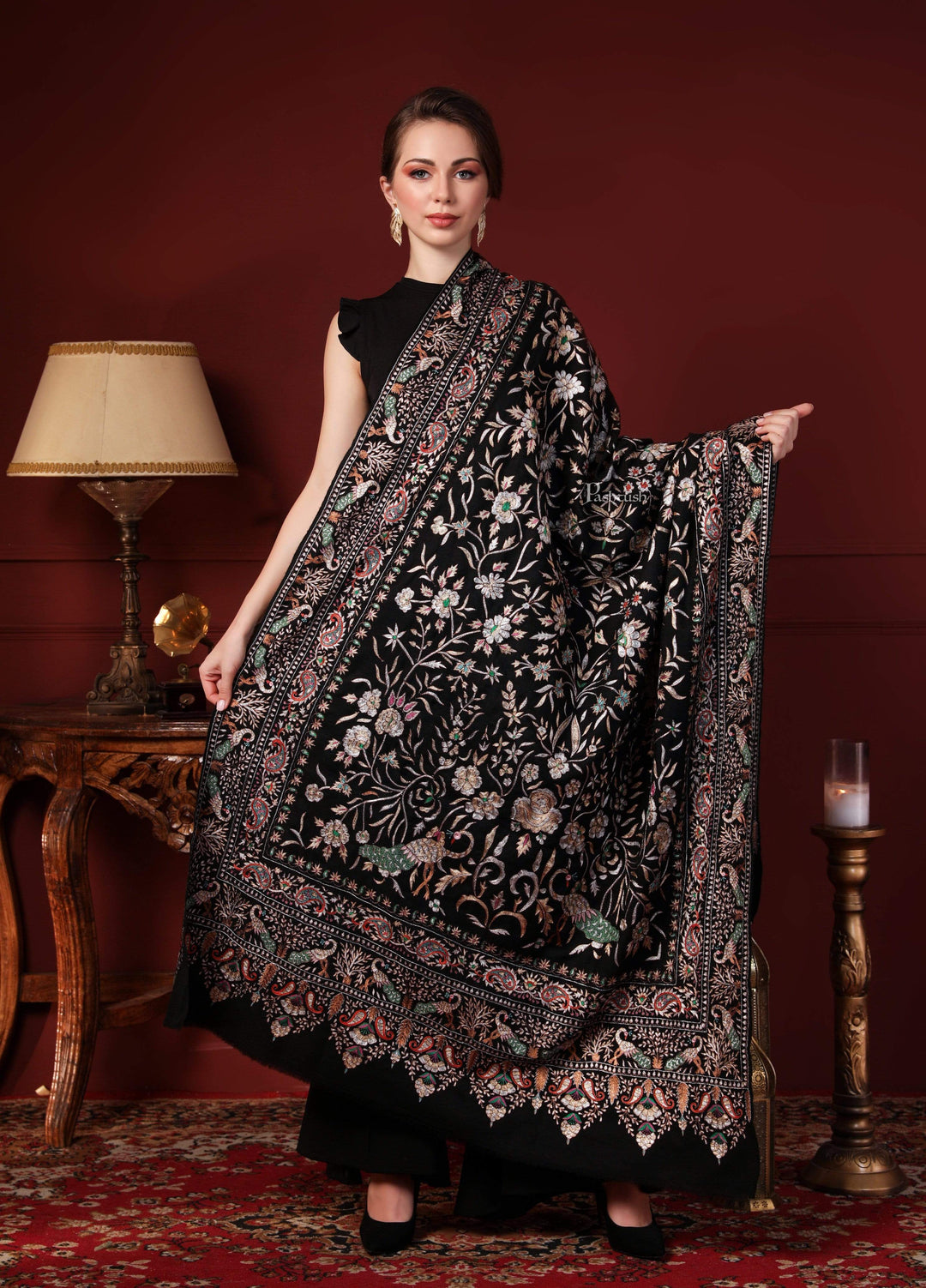 Pashtush India 100x200 Pashtush Women's Pure Pashmina With Pure Tilla Work, Garden Of Paradise Aesthetic, Black