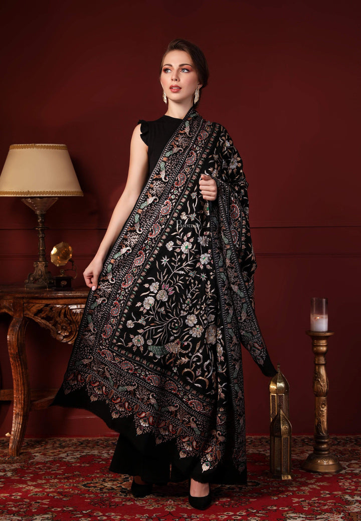 Pashtush India 100x200 Pashtush Women's Pure Pashmina With Pure Tilla Work, Garden Of Paradise Aesthetic, Black