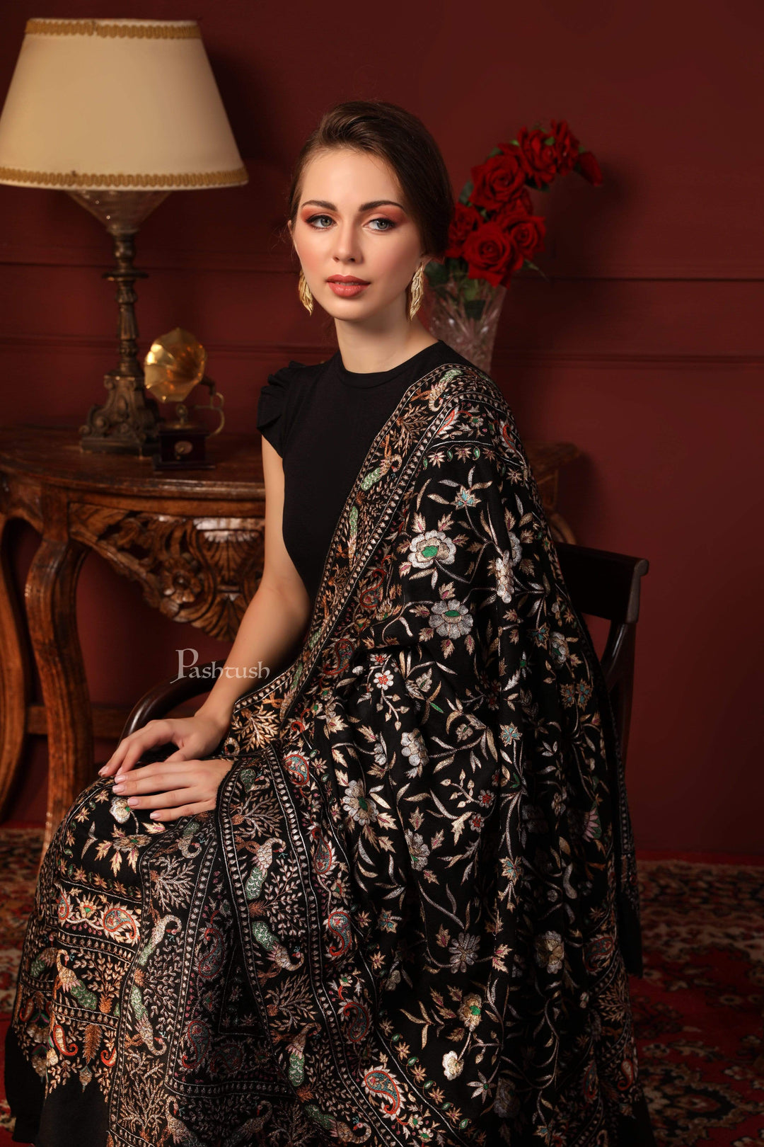 Pashtush India 100x200 Pashtush Women's Pure Pashmina With Pure Tilla Work, Garden Of Paradise Aesthetic, Black