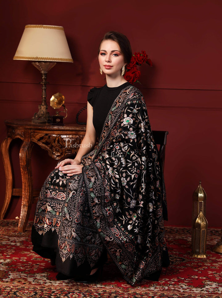 Pashtush India 100x200 Pashtush Women's Pure Pashmina With Pure Tilla Work, Garden Of Paradise Aesthetic, Black