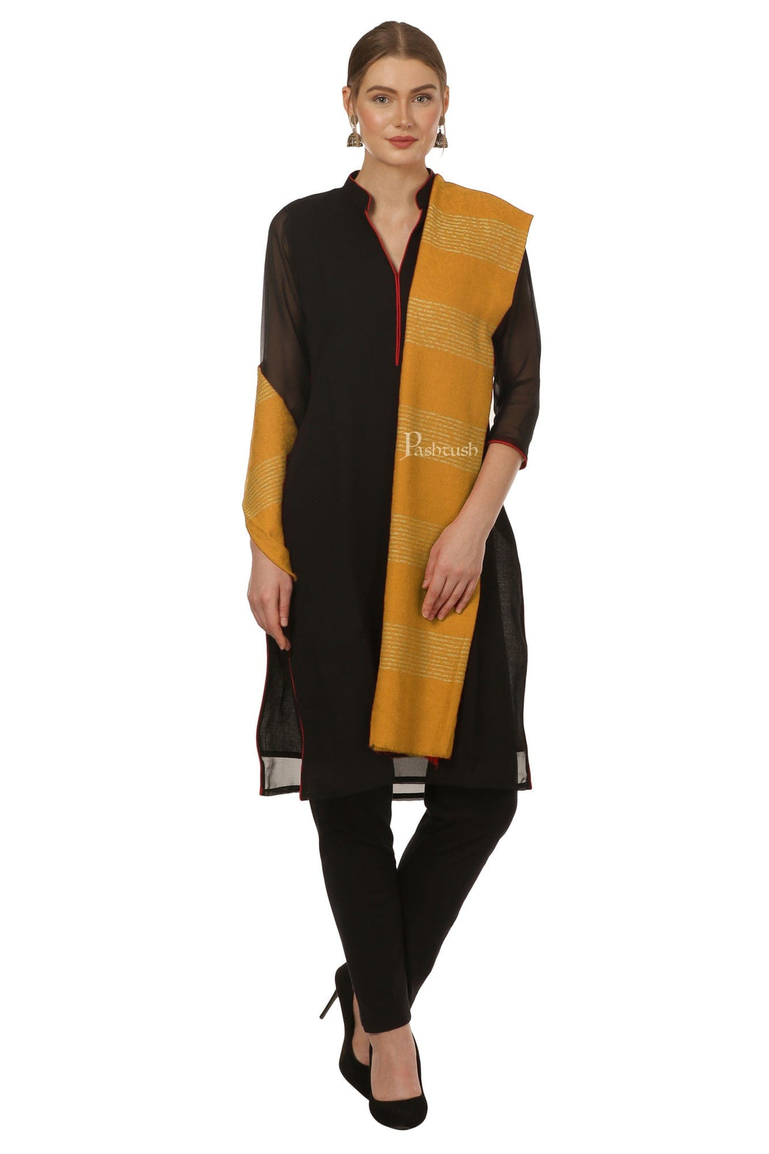 Pashtush India Womens Stoles and Scarves Scarf Pashtush Women'S Reversible Blended Fine Wool Stole - Mustard