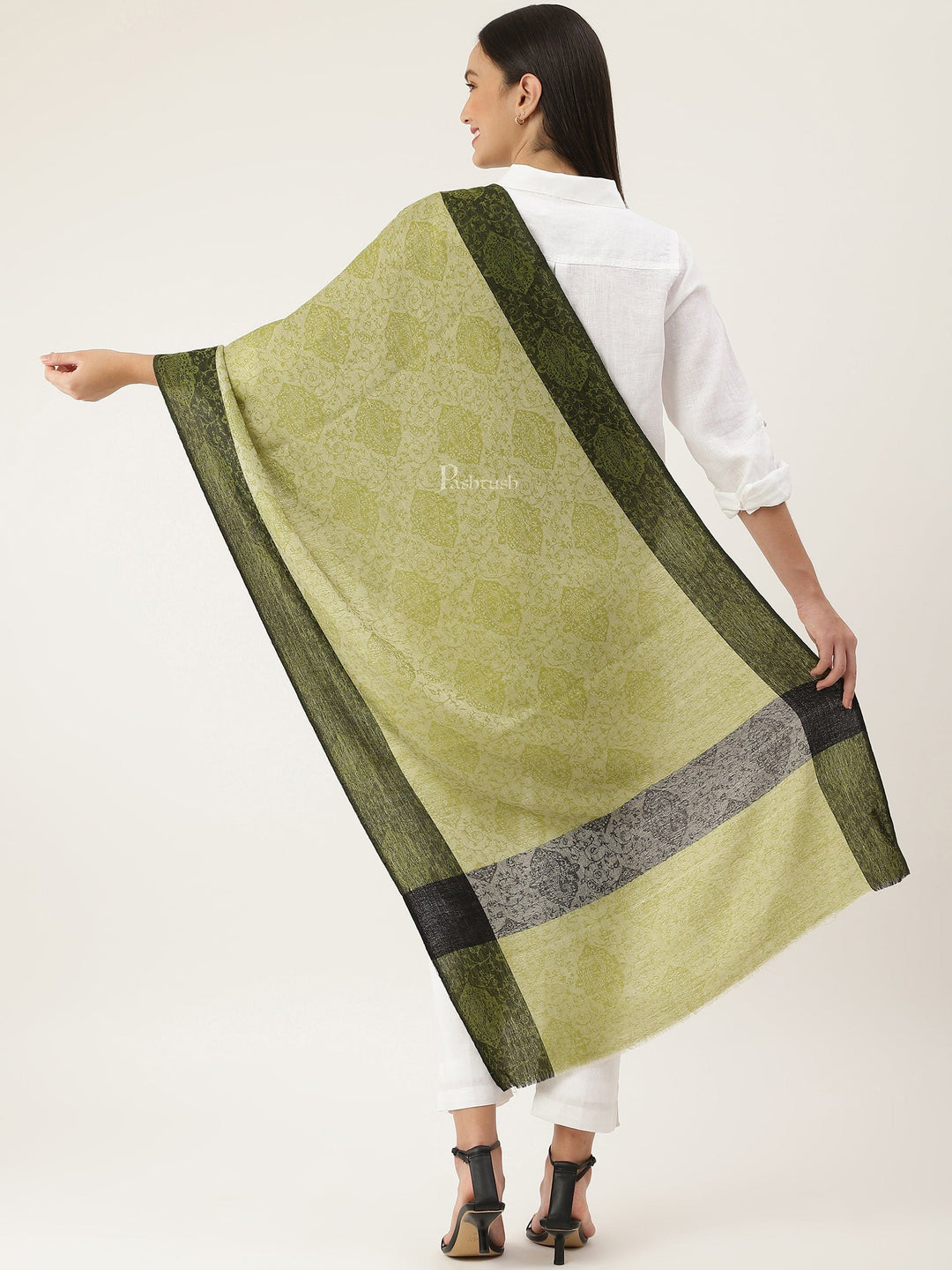 Pashtush India Womens Stoles and Scarves Scarf Pashtush Women's Reversible Stole, With Paiseley Weave, Green