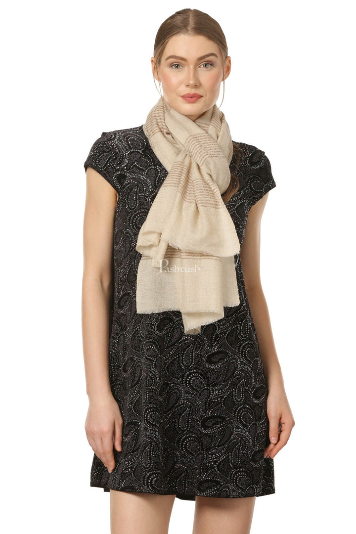 Pashtush India Womens Stoles and Scarves Scarf Pashtush Women'S Reversible Stole, With Stripes, Natural Wool, Subtle Beige