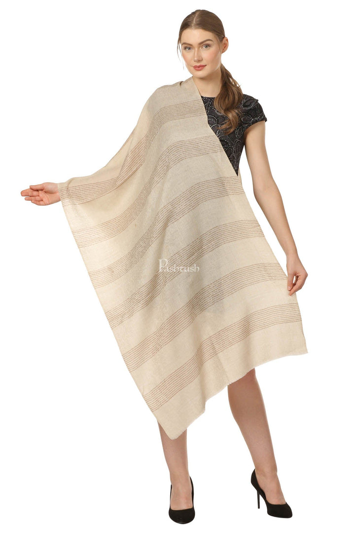 Pashtush India Womens Stoles and Scarves Scarf Pashtush Women'S Reversible Stole, With Stripes, Natural Wool, Subtle Beige