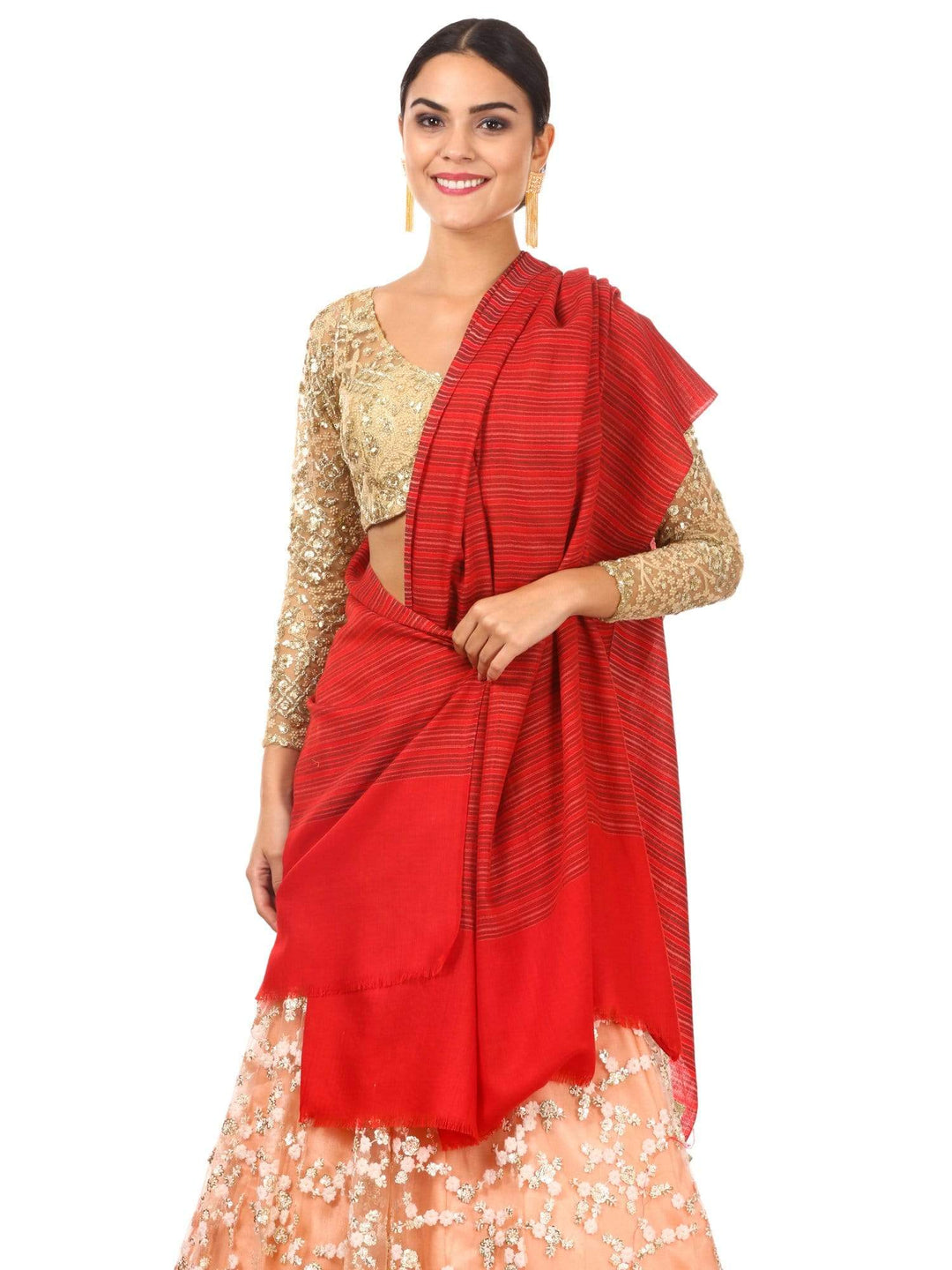 Pashtush Women'S Shawl, Fine Wool, Striped Design, Faux Pashmina, Soft And Warm, Deep Red