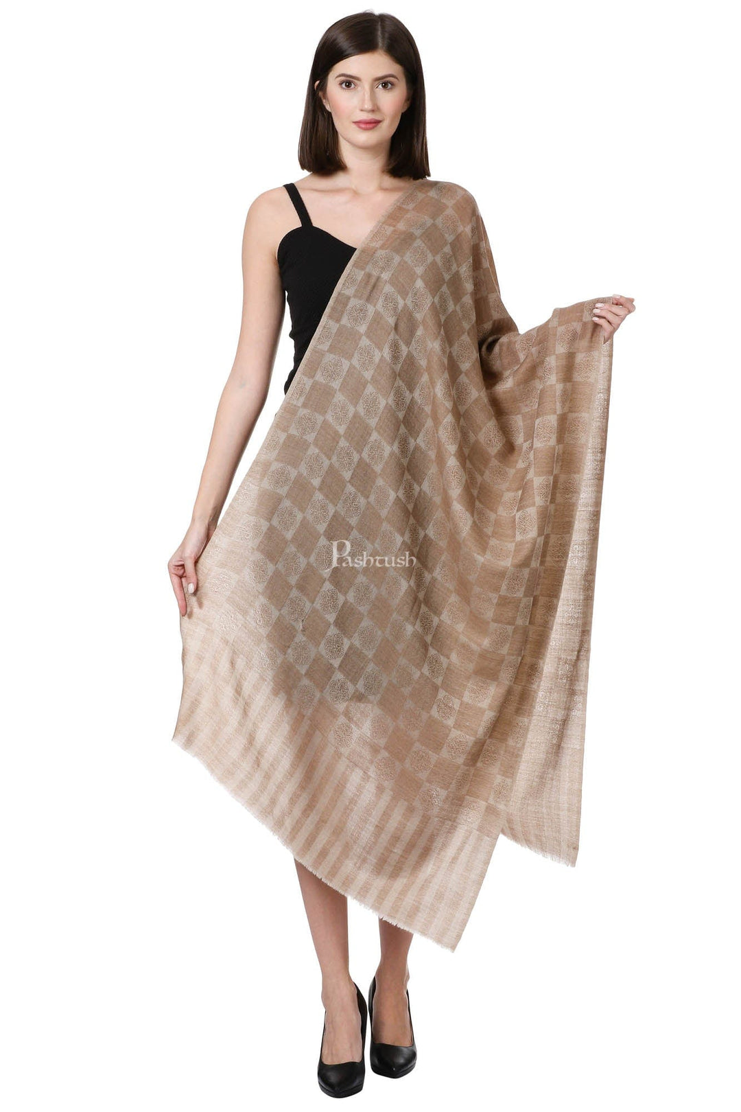 Pashtush India Womens Stoles and Scarves Scarf Pashtush Women'S Silk-Fine Wool Reversible Stole, Dark Beige
