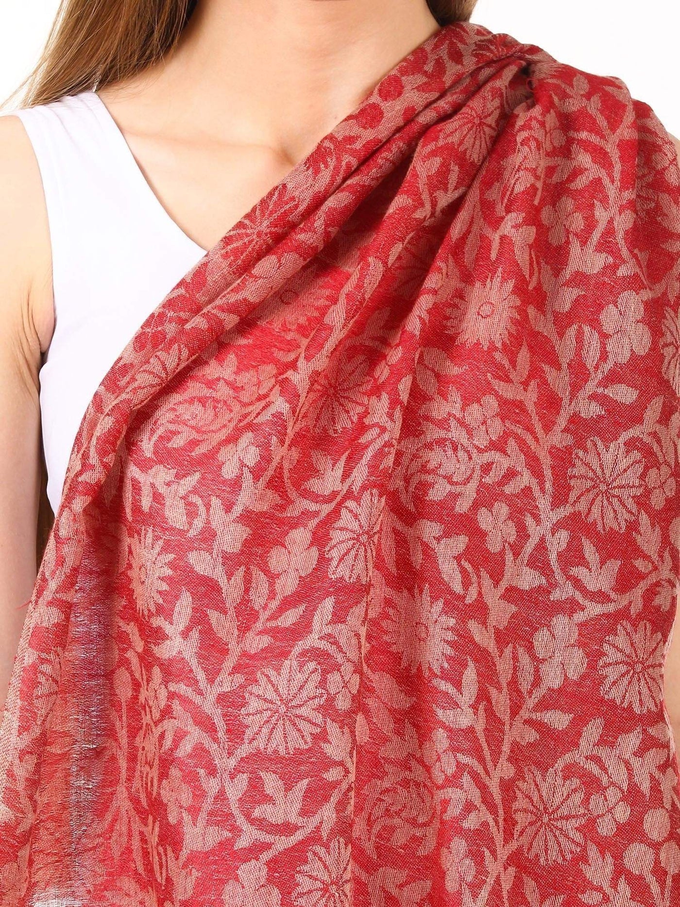 Pashtush Women'S Silk-Fine Wool Reversible Floral Scarf, Soft And Warm, Red