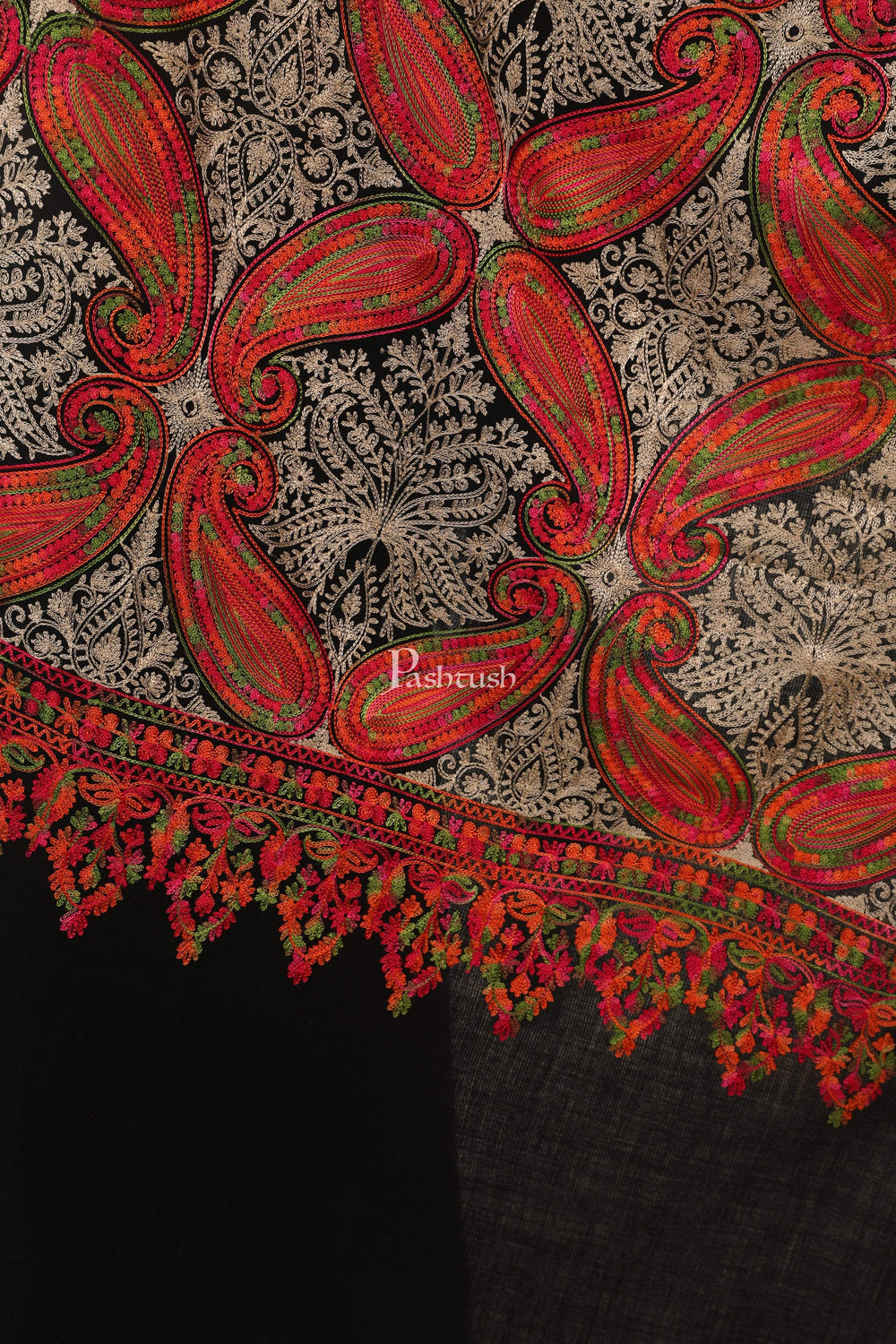 Pashtush India 70x200 Pashtush Women's Silk Wool Hand Embroidery Stole, Extra Soft Black