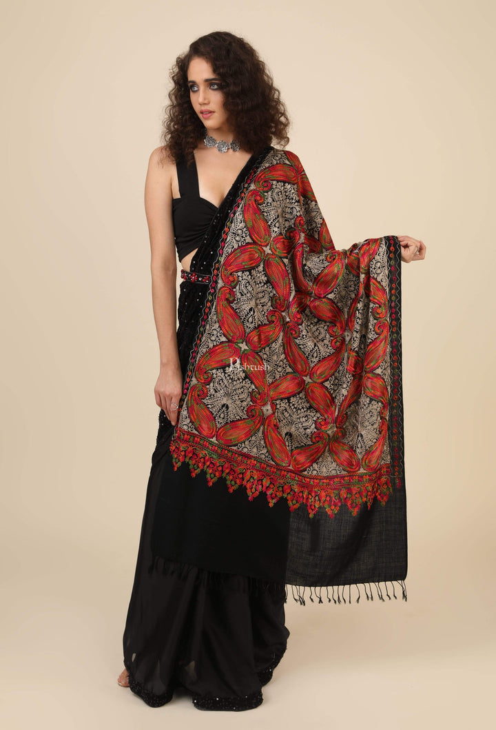 Pashtush India 70x200 Pashtush Women's Silk Wool Hand Embroidery Stole, Extra Soft Black