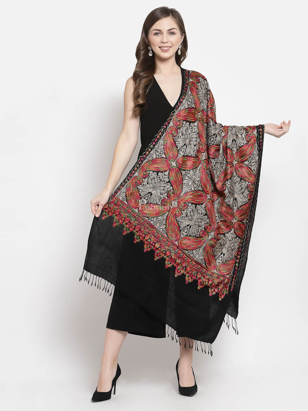 Pashtush Women'S Silk Wool Hand Embroidery Stole, Extra Soft Black