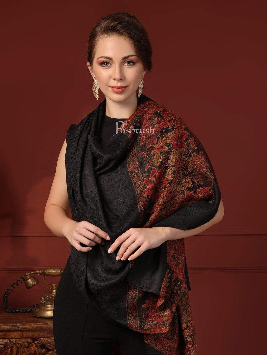 Pashtush India 70x200 Pashtush Women's Silk-Wool Reversible Floral Scarf, Soft and Warm Black