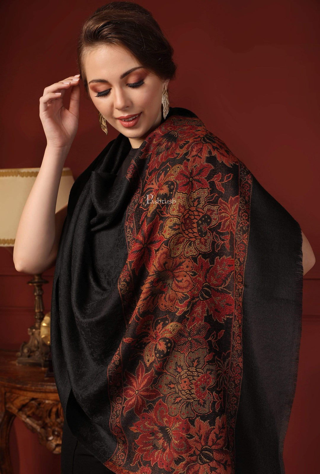 Pashtush India 70x200 Pashtush Women's Silk-Wool Reversible Floral Scarf, Soft and Warm Black