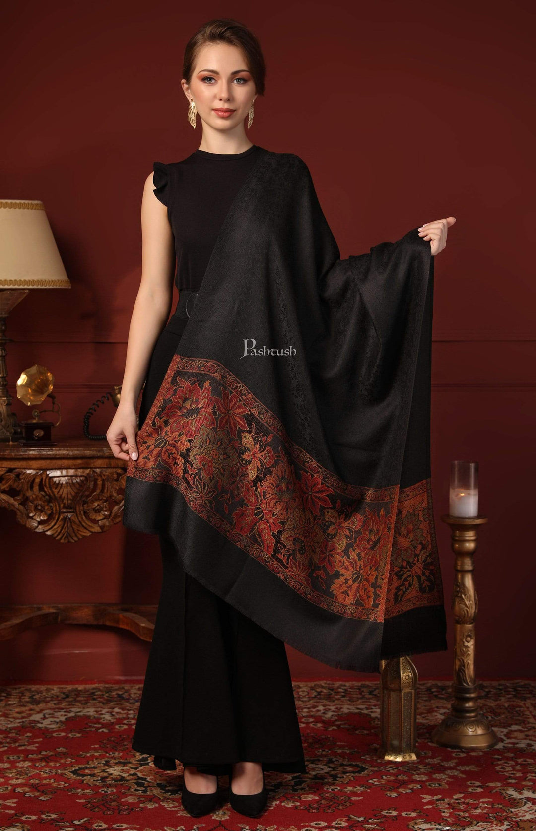 Pashtush Women'S Silk-Wool Reversible Floral Scarf, Soft And Warm Black