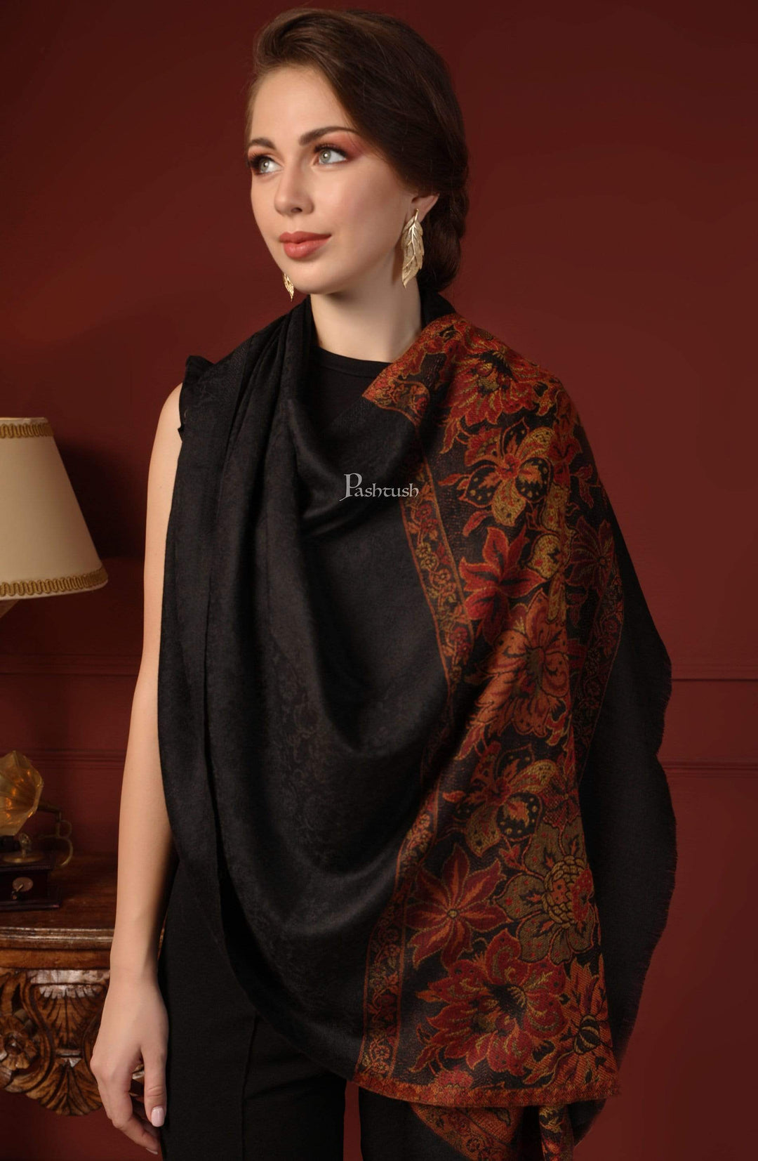 Pashtush Women'S Silk-Wool Reversible Floral Scarf, Soft And Warm Black