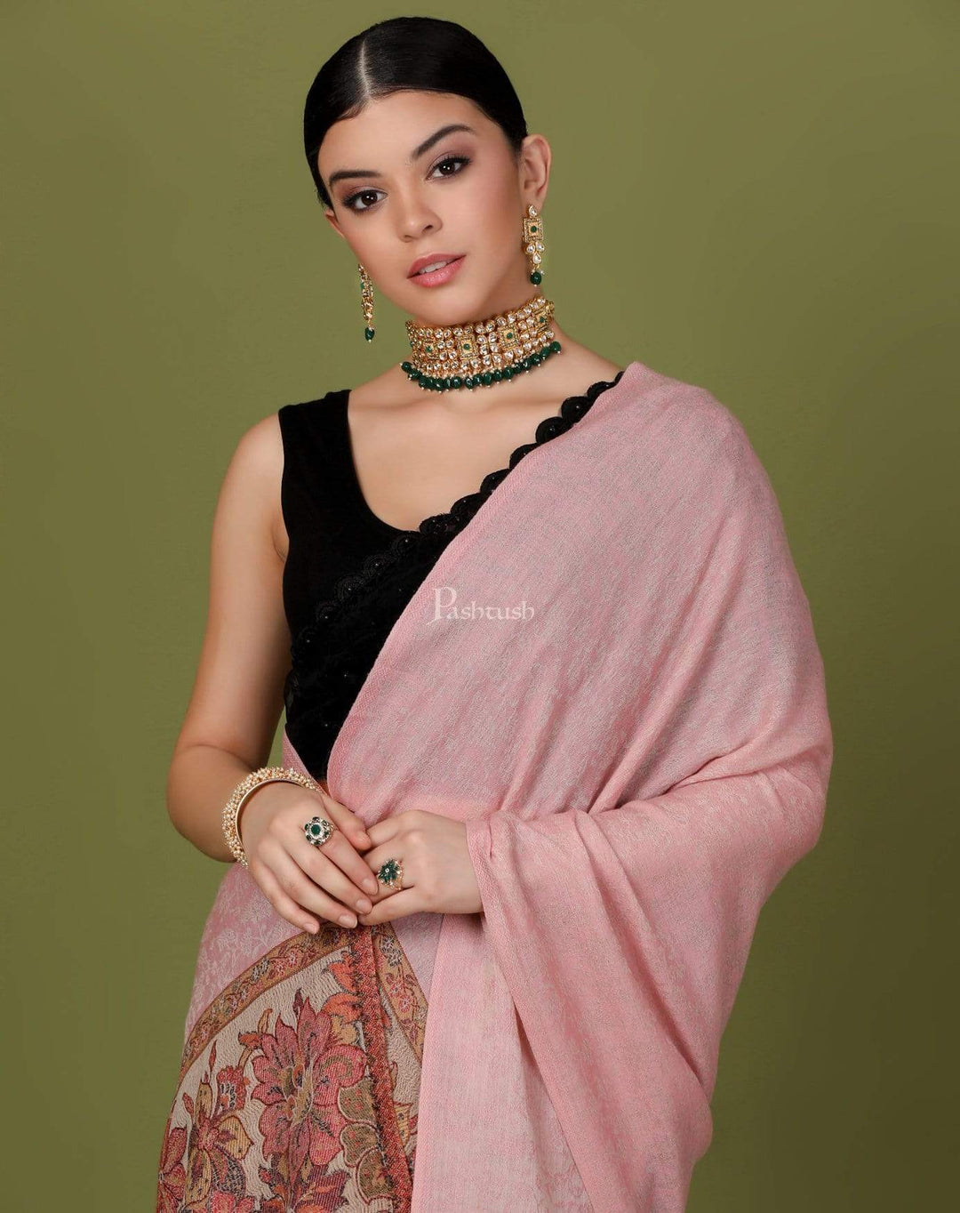 Pashtush India 70x200 Pashtush Women's Silk-Wool Reversible Floral Scarf, Soft and Warm (Powder pink)