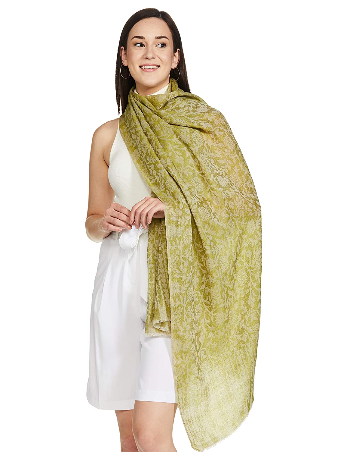 Pashtush India 70x200 Pashtush Women's Soft Fine Wool Floral Scarf, Soft and Warm, Emerald Green