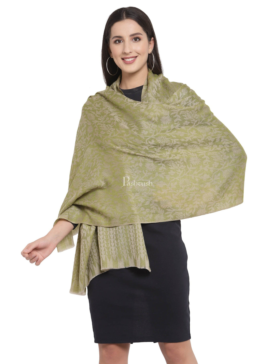 Pashtush India Womens Stoles and Scarves Scarf Pashtush Women'S Soft Fine Wool Floral Scarf, Soft And Warm, Emerald Green