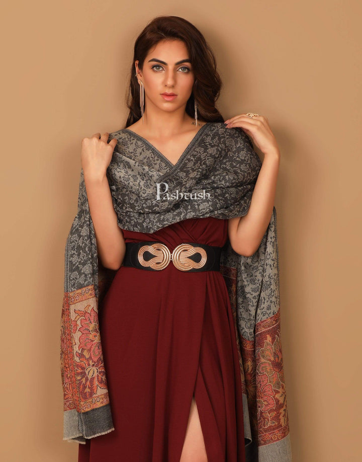Pashtush India Stole Pashtush Women's Soft Fine Wool Floral Scarf, Soft and Warm, Light Black