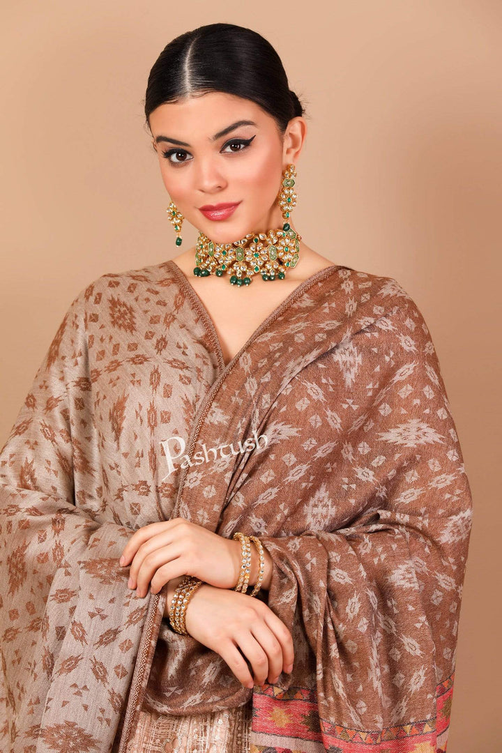Pashtush India Shawl Pashtush Women's Soft Fine Wool Reversible Shawl with Kaani Weave Palla, Espresso