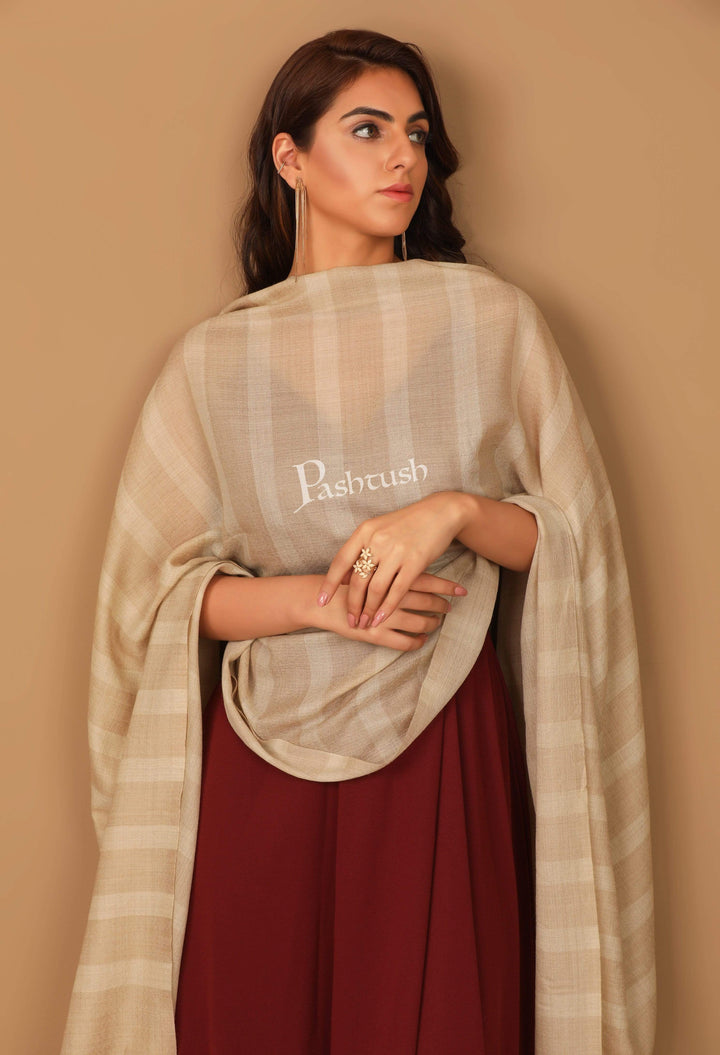 Pashtush India Stole Pashtush Women's Soft Fine Wool Scarf, Striped Nude Beige