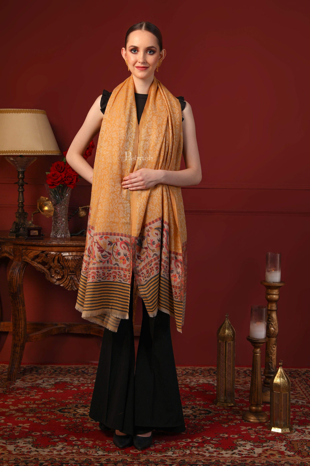 Pashtush India 100x200 Pashtush Women's Soft Wool Cashmere Blended Shawl, Ethnic Palla