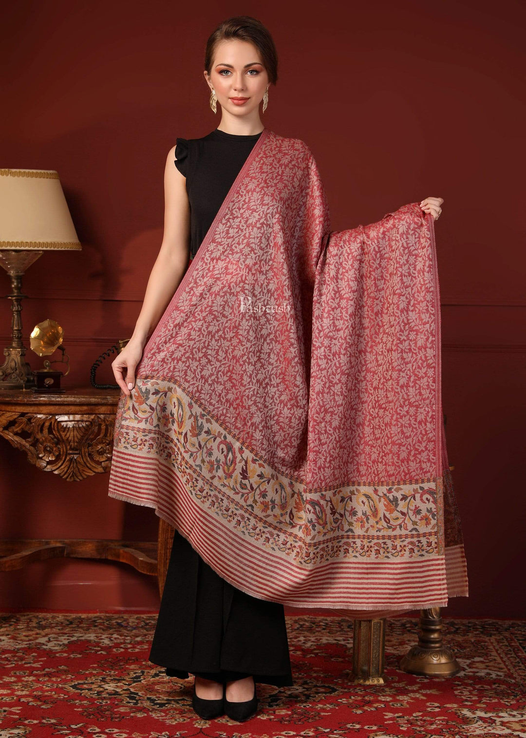 Pashtush India 100x200 Pashtush Women's Soft Wool Cashmere Blended Shawl, Kaani Palla, Pink