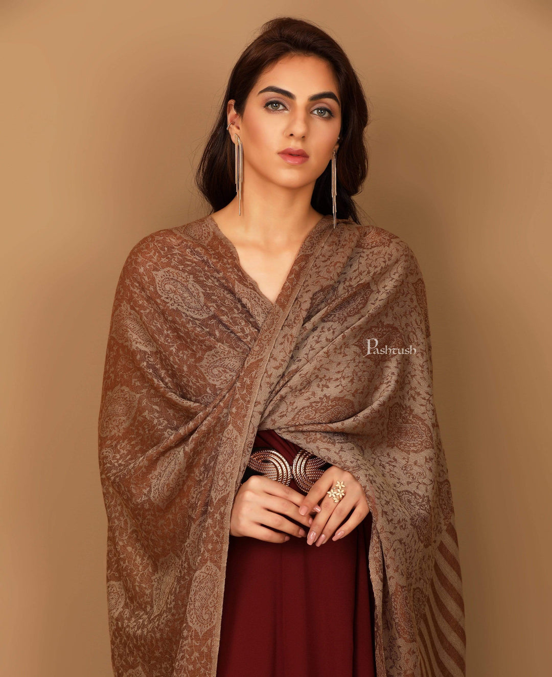 Pashtush India 70x200 Pashtush Women's Soft Wool, Reversible Stole Scarf, Espresso Brown